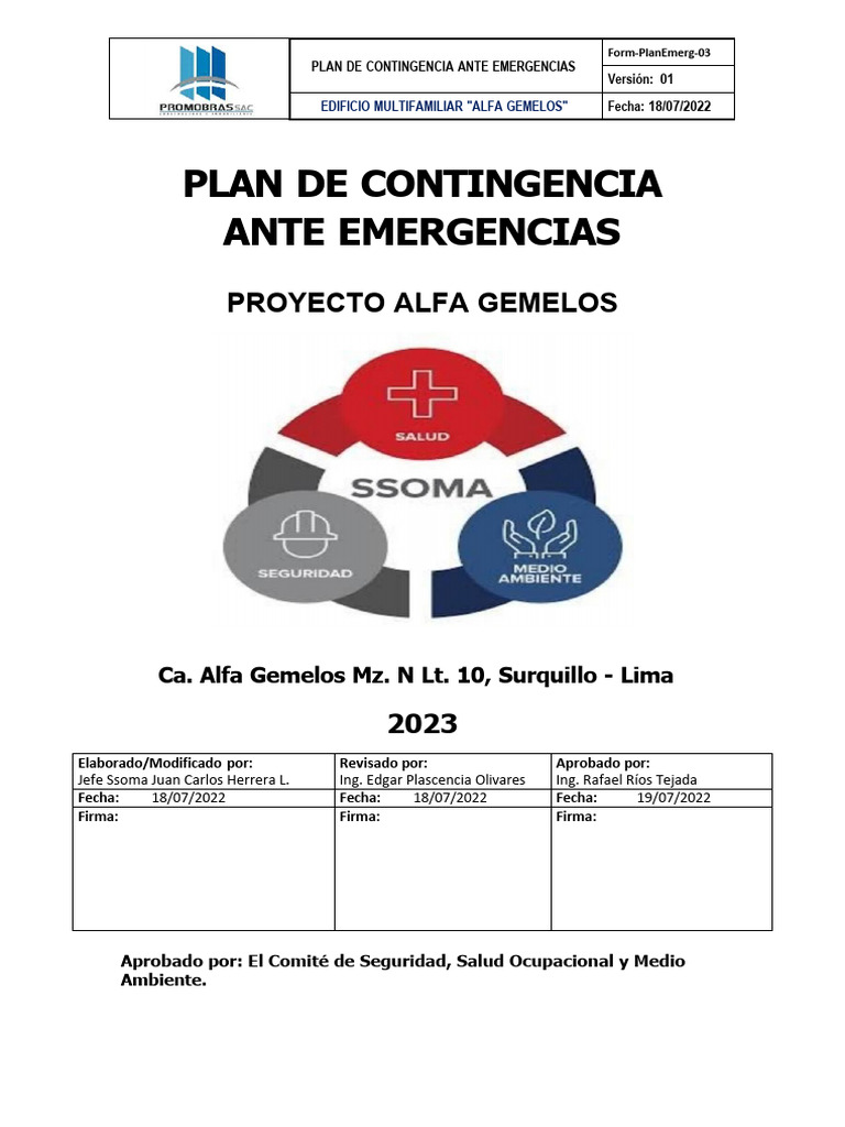 Plan de Contingencia Ante Emergencias Alfa Gemelos | PDF | Riesgo ...