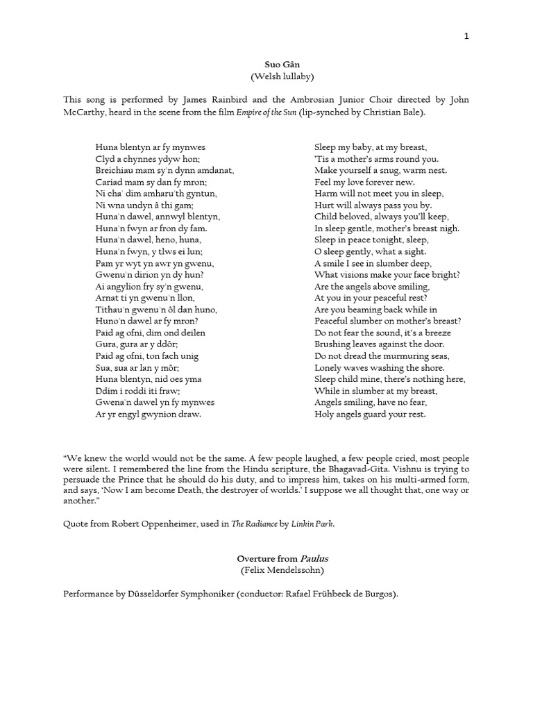 Welsh Lullaby Suo Gan Lyrics PDF