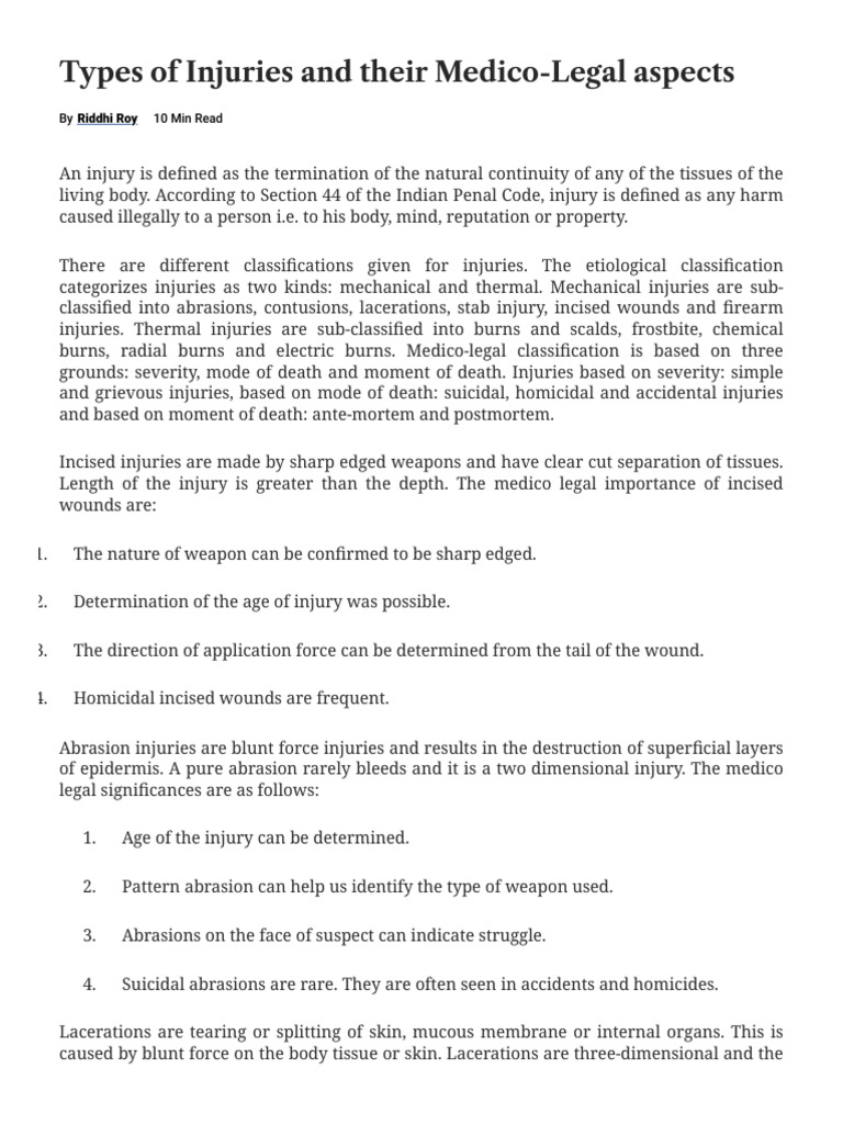 Medico-Legal Aspects of Injuries | PDF | Injury | Wound