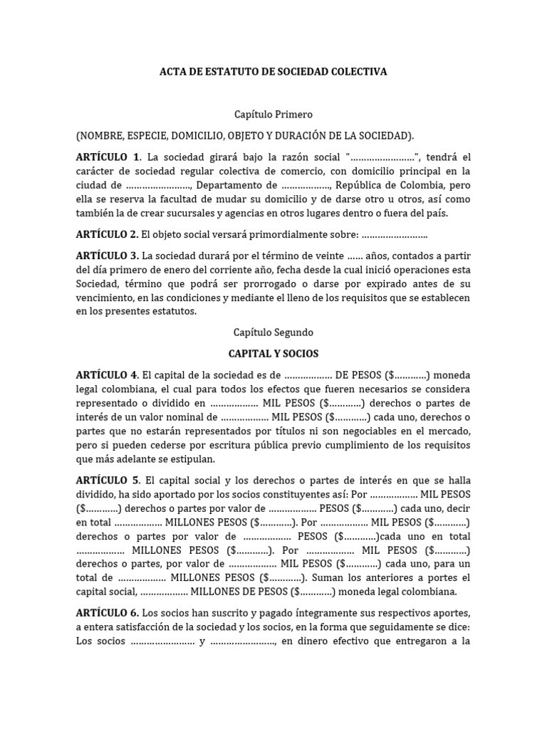 Modelo de Estatutos para Constitucion de Sociedad Colectiva | PDF ...