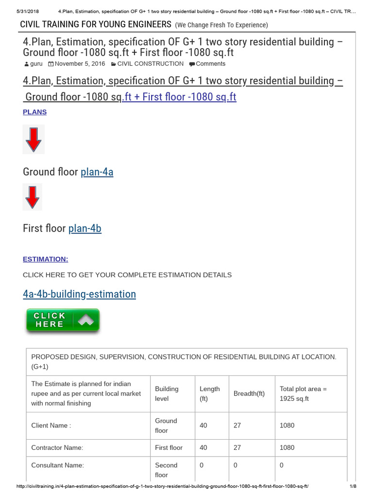 G+1 Residential Building Plan & Cost | PDF | Bathroom | Wall