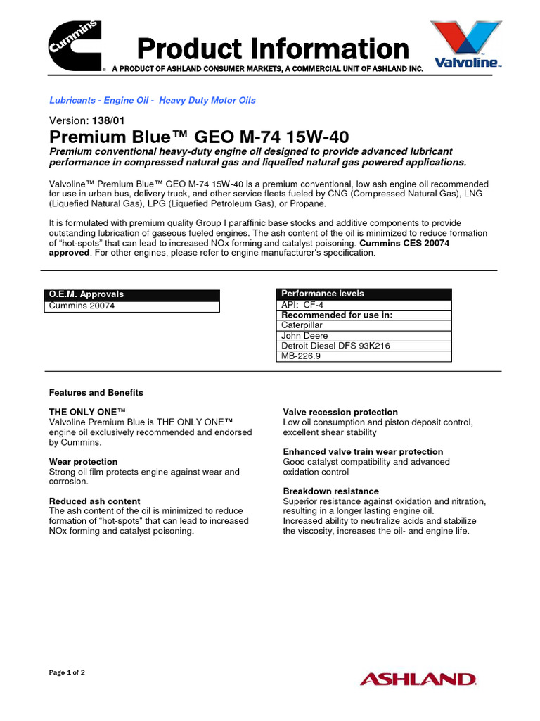 PI - Premium Blue GEO M 74 15W 40 | PDF | Motor Oil | Lubricant