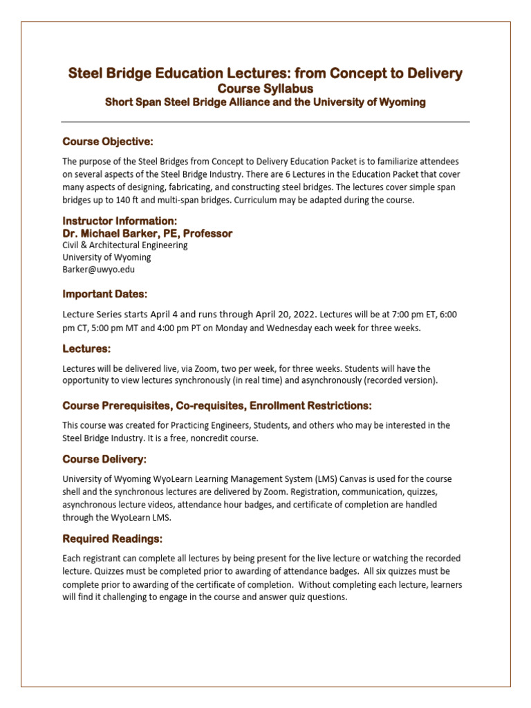 Syllabus Steel Bridges From Concept To Delivery April 2022 PDF
