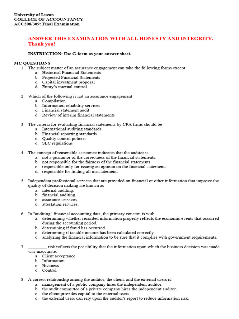 Acc308 309 Auditing Final Exam Pdf Financial Audit Audit