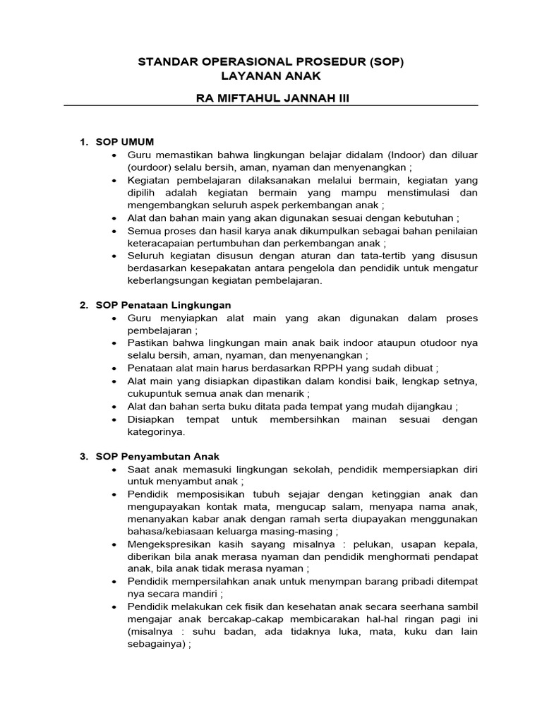 SOP Layanan Anak di RA Miftahul Jannah | PDF