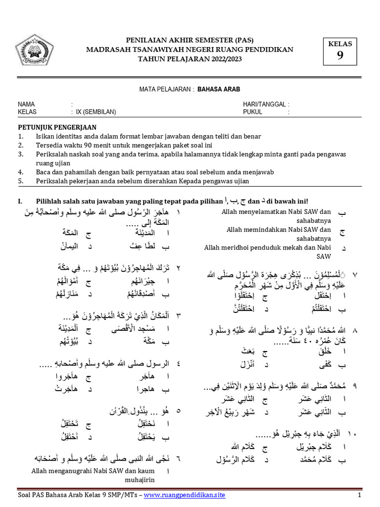 Soal PAS Bahasa Arab Kelas 9 SMP | PDF