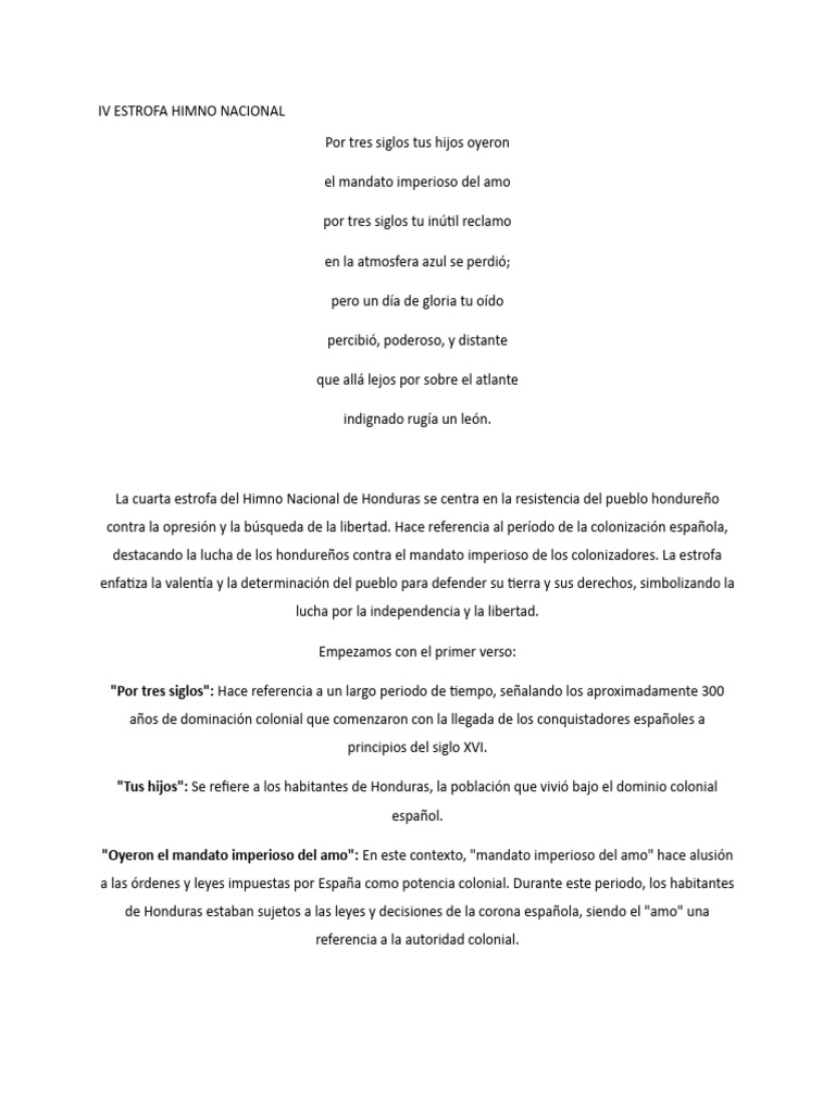 Cuarta Estrofa del Himno Nacional de Honduras | PDF | Imperio español ...