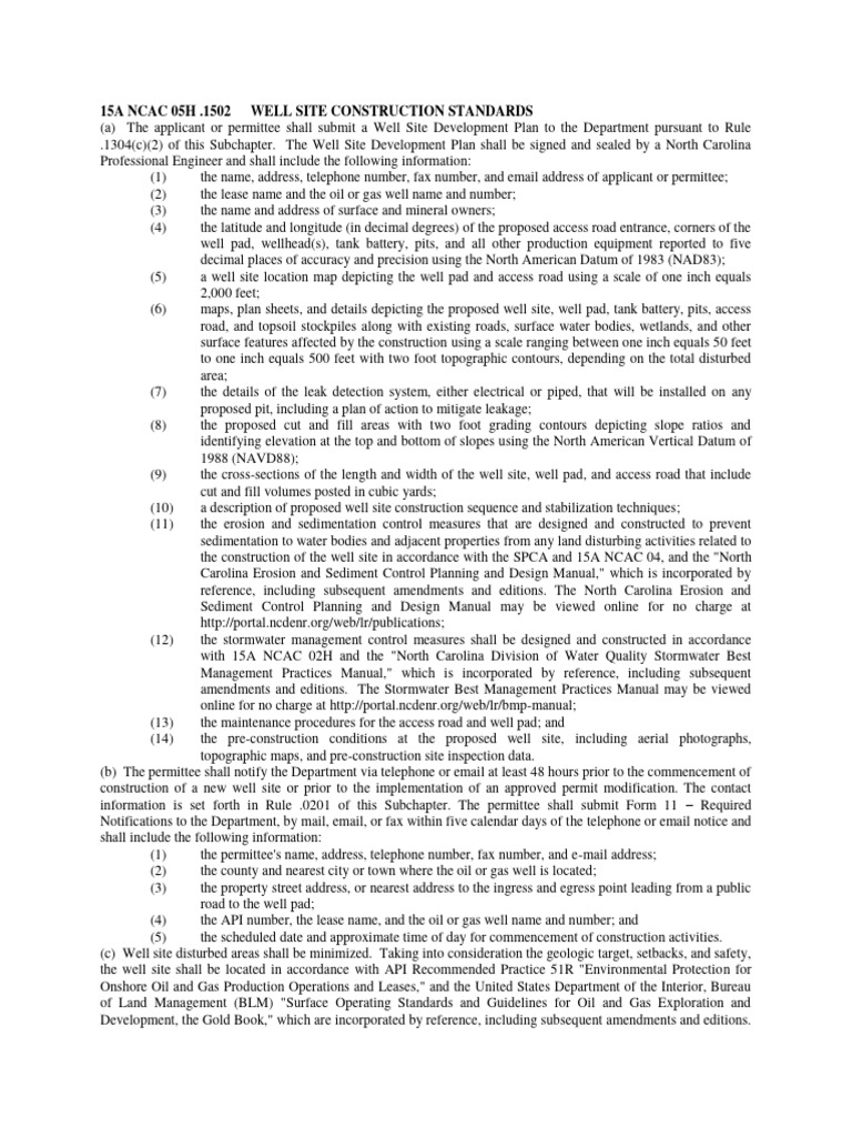 15A NCAC 05H .1502 Well Site Construction Standards PDF Oil Well