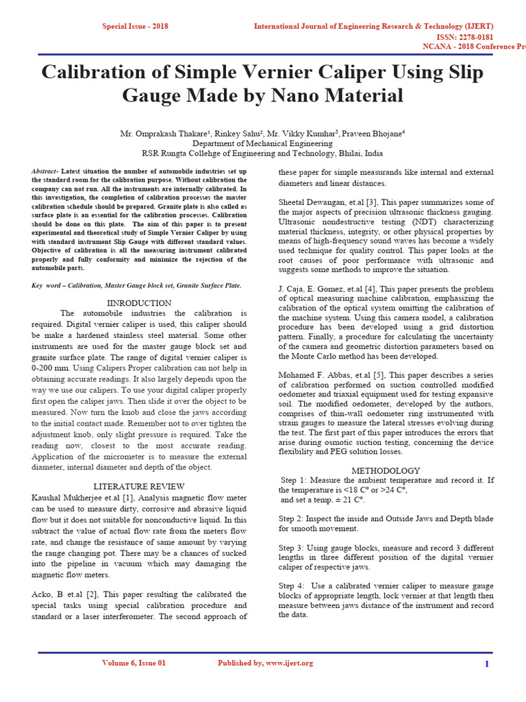 Calibration of Simple Vernier Caliper Using Slip Gauge Made by Nano Material IJERTCONV6IS01006