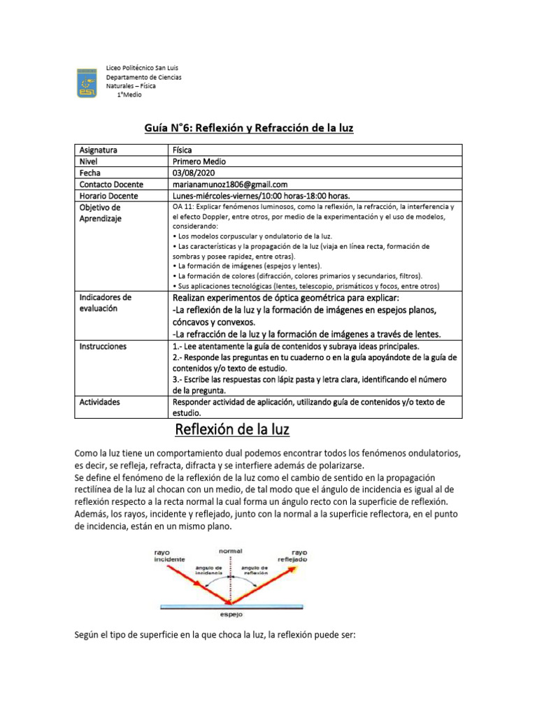 Rlexion y Refracción de La Luz | PDF | Ligero | Espejo