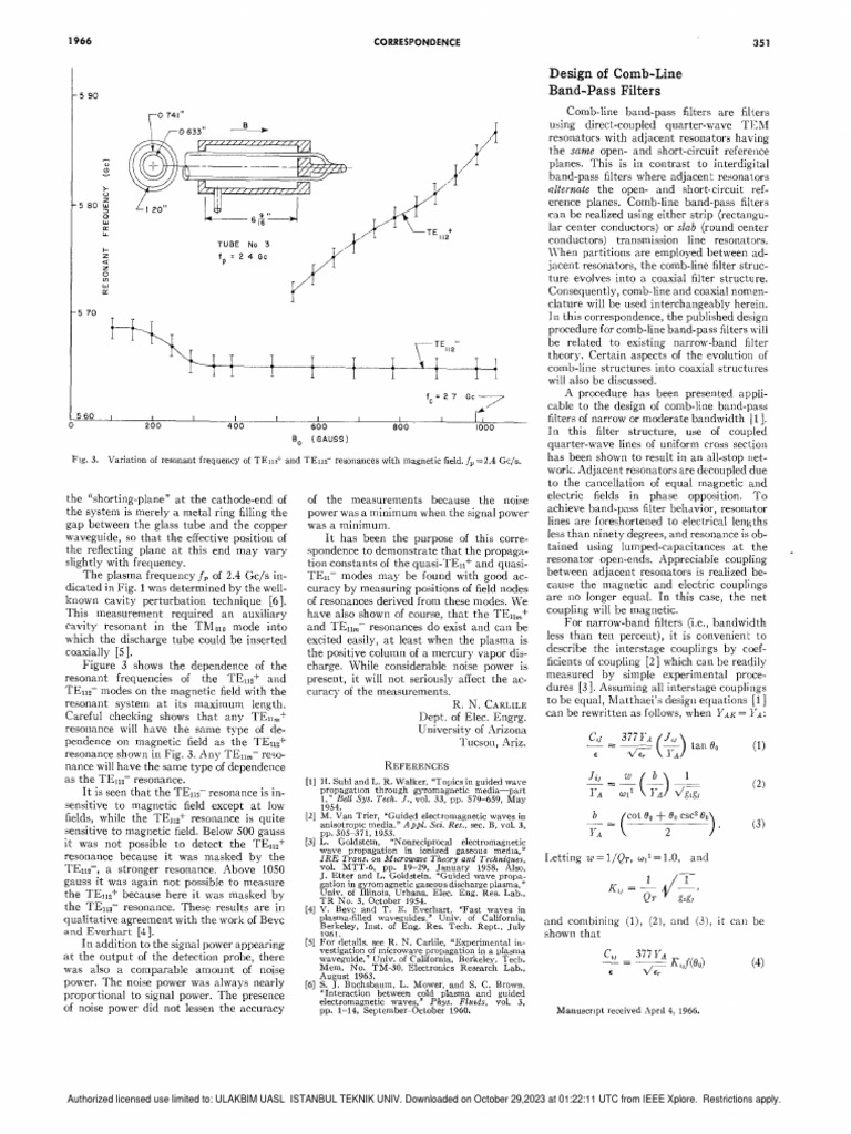 Design of CombLine BandPass Filters Correspondence PDF Resonance