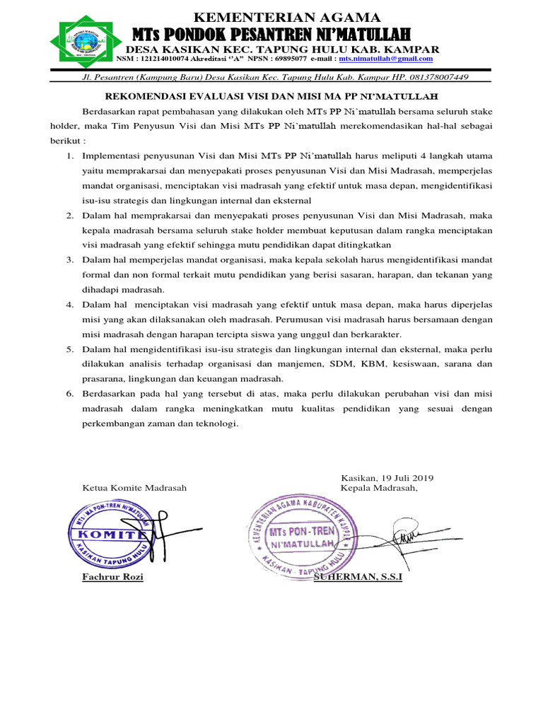 Rekomendasi Visi Misi MTs Ni'matullah | PDF