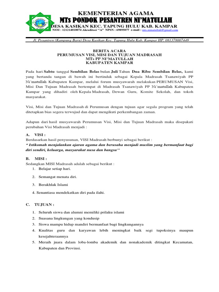 Perumusan Visi Misi MTs Ni'matullah | PDF | Kesehatan Holistik