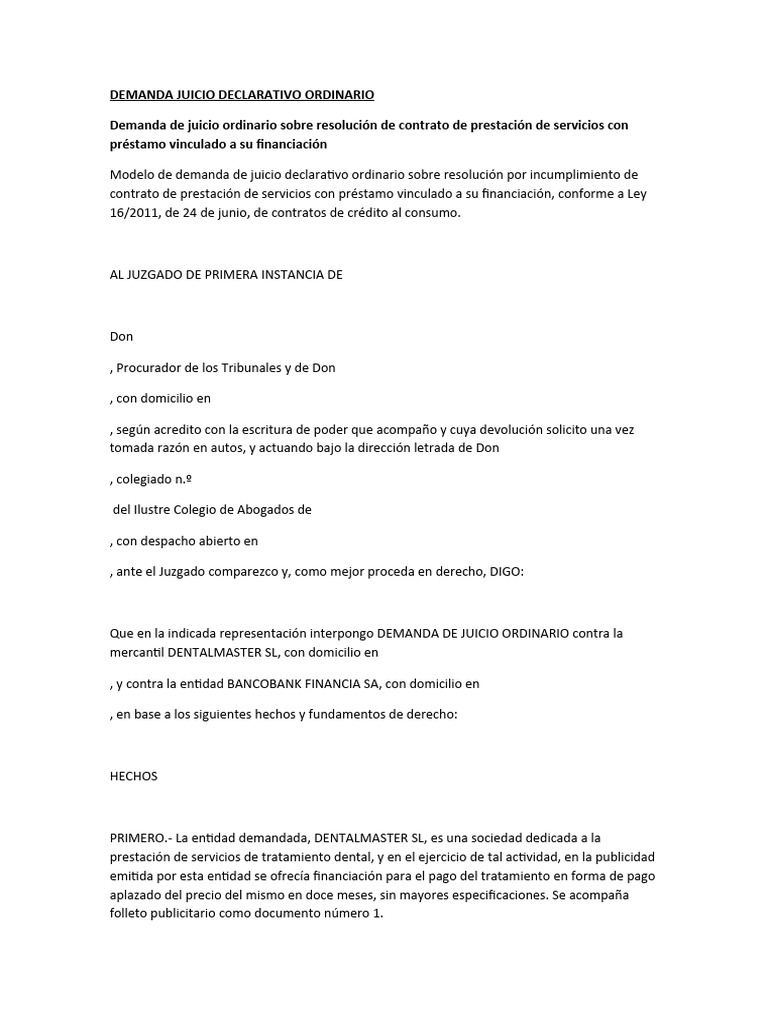 Demanda Juicio Declarativo Ordinario | PDF | Demanda judicial | Bancos