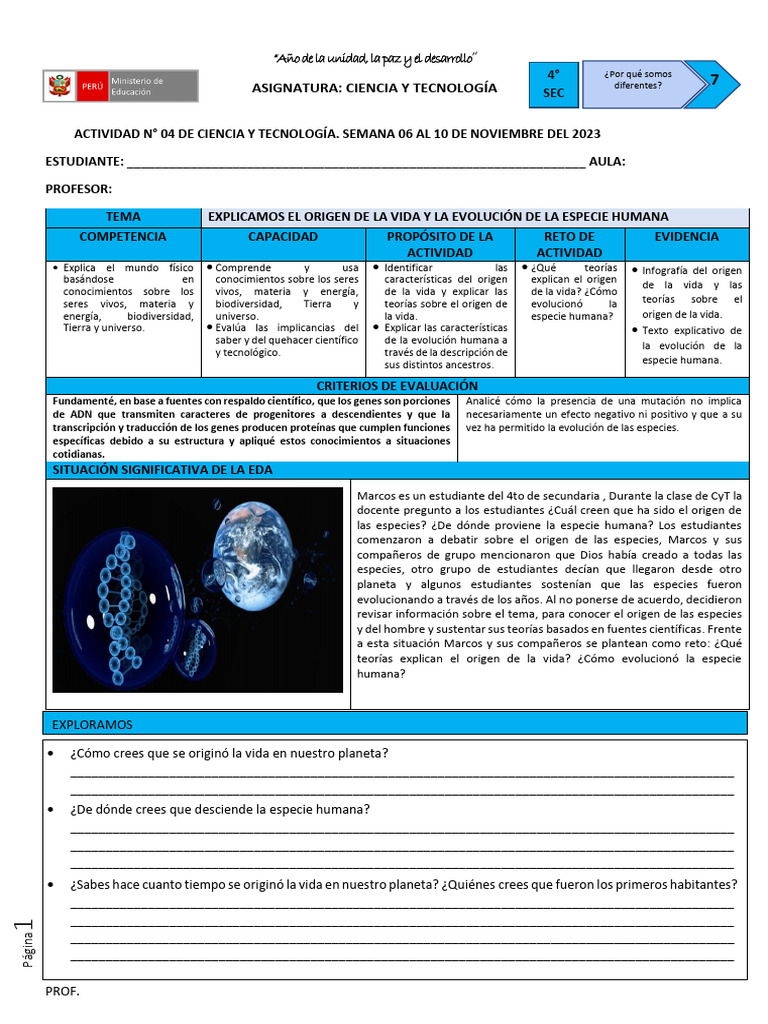 SEMANA 4 Explicamos El Origen de La Vida y La Evolución de La Especie ...