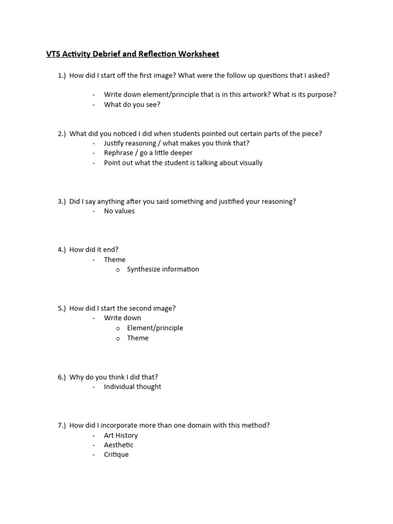 Vts Activity Debrief and Reflection Worksheet | PDF | Art | Science ...