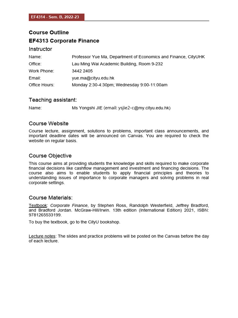 Corporate Finance Course Outline 2022-23 | PDF | Capital Structure ...