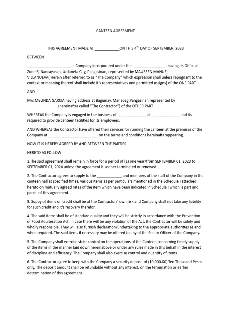 Canteen Agreement | PDF | Employment | Kitchen Utensil