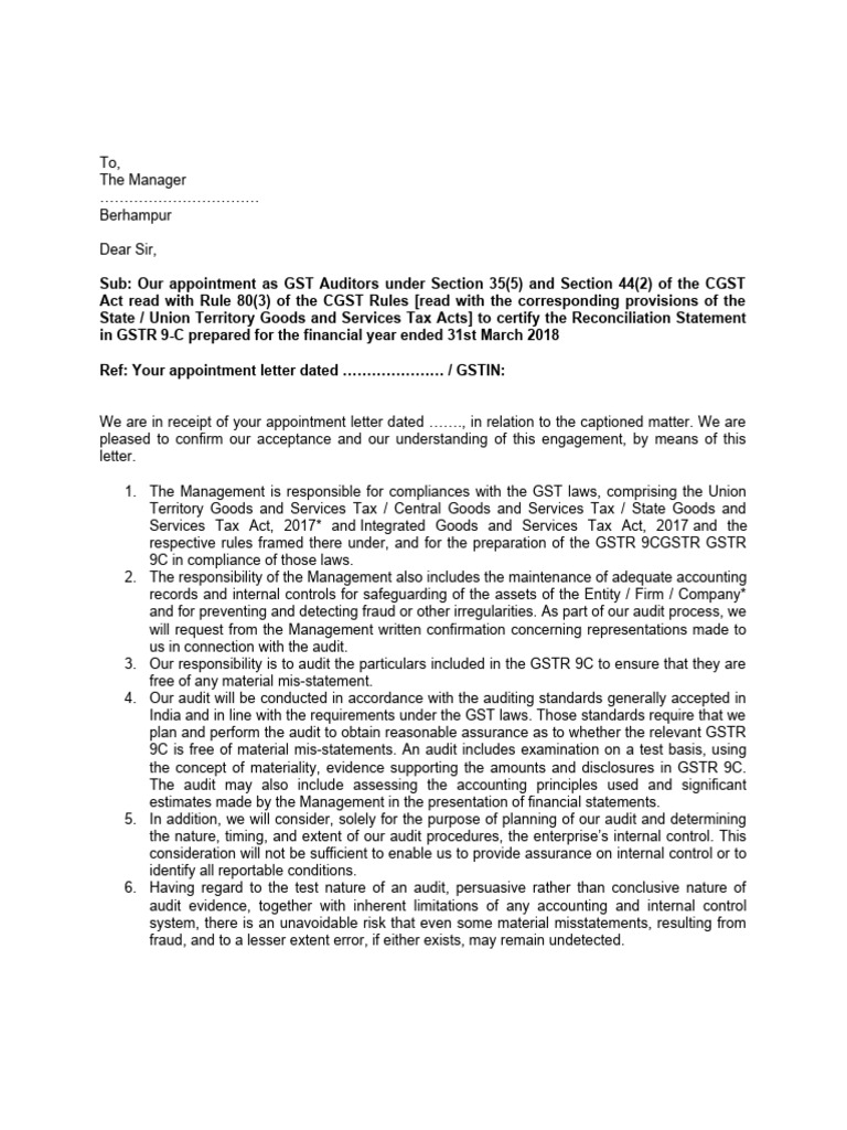 Auditor Appointment Acceptance Letter | PDF | Audit | Internal Control