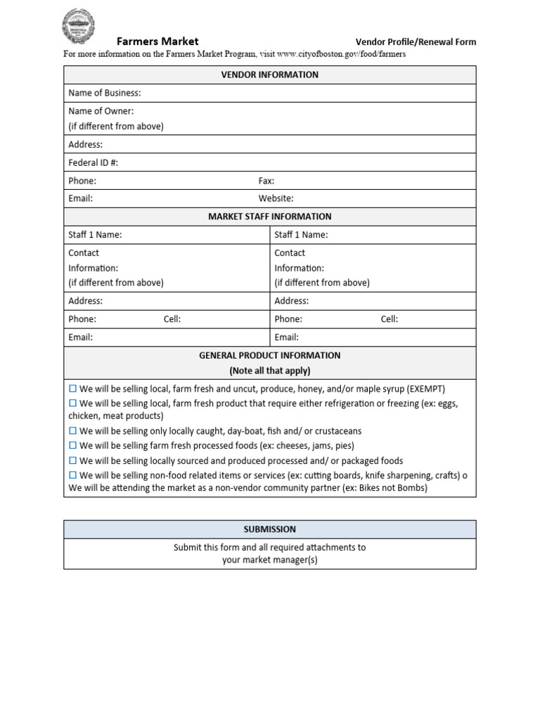 Farmers Market Vendor Renewal Form | PDF | Race And Ethnicity In The ...