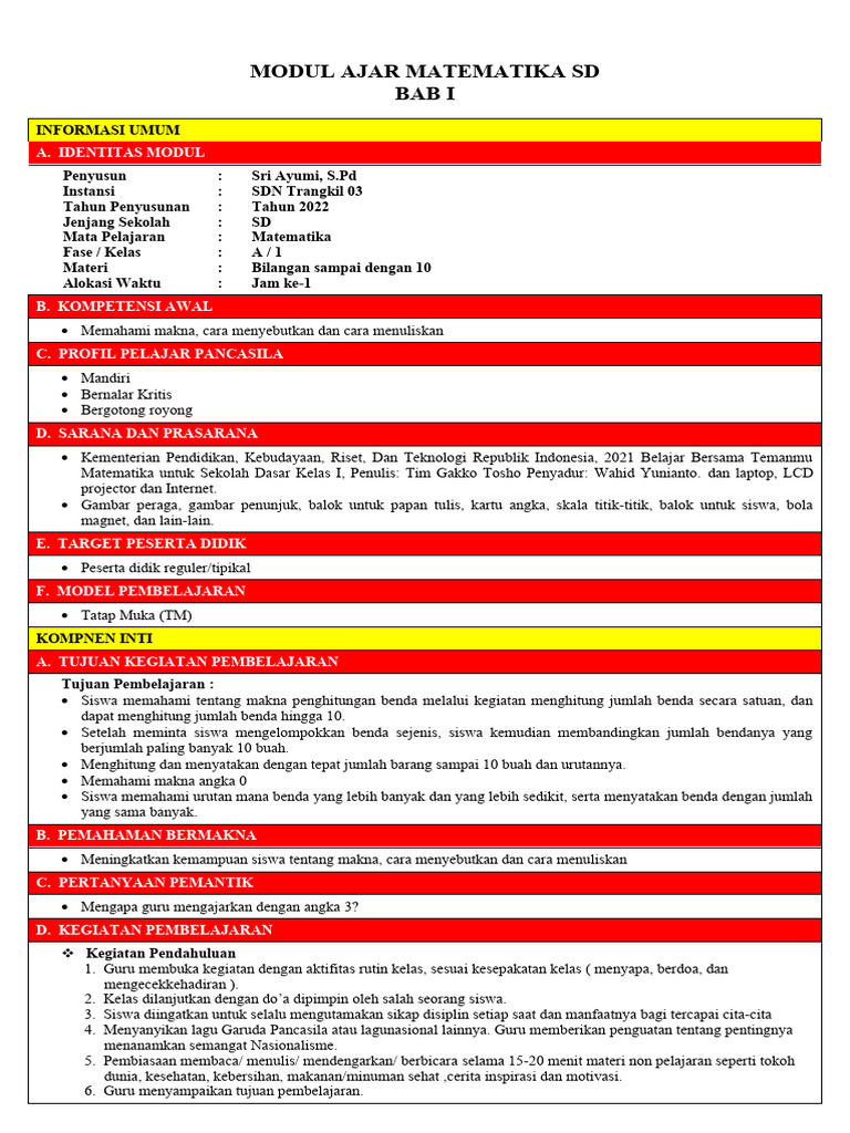 Modul Ajar Matematiks Bab 1 Kelas 1 | PDF