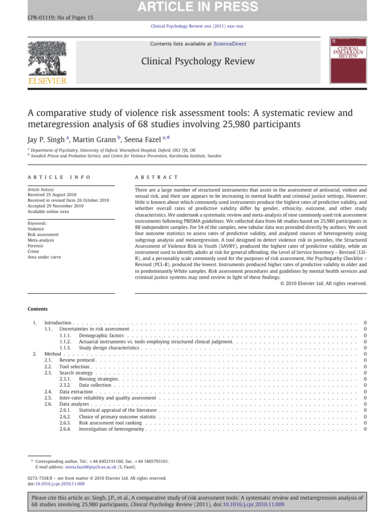 A Comparative Study of Violence Risk Assessment Tools A Systematic ...