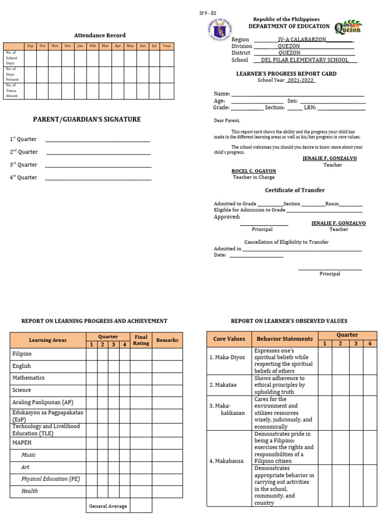 SF9 Learners Progress Report Card Template For ES 1 | PDF | Learning ...