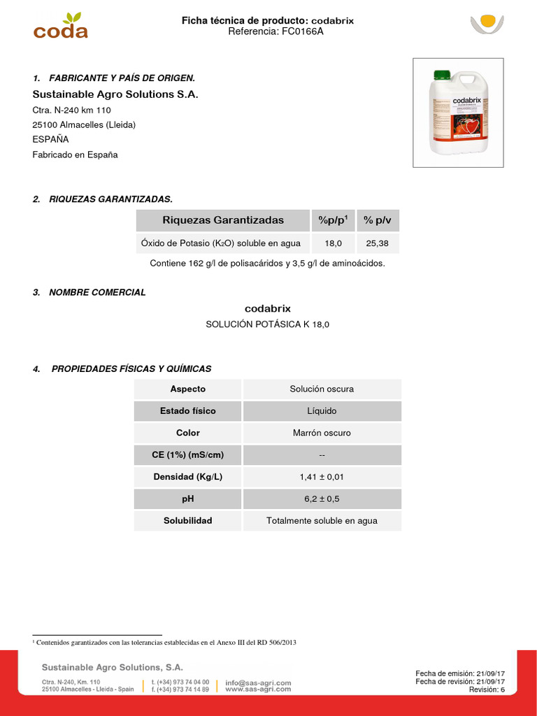 Ficha Técnica CODABRIX SAS CODA | PDF | Ciencias fisicas | Química