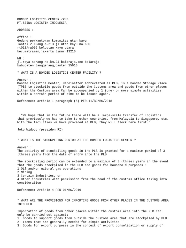 Pusat Logistik Berikat Eng Pdf Customs Warehouse