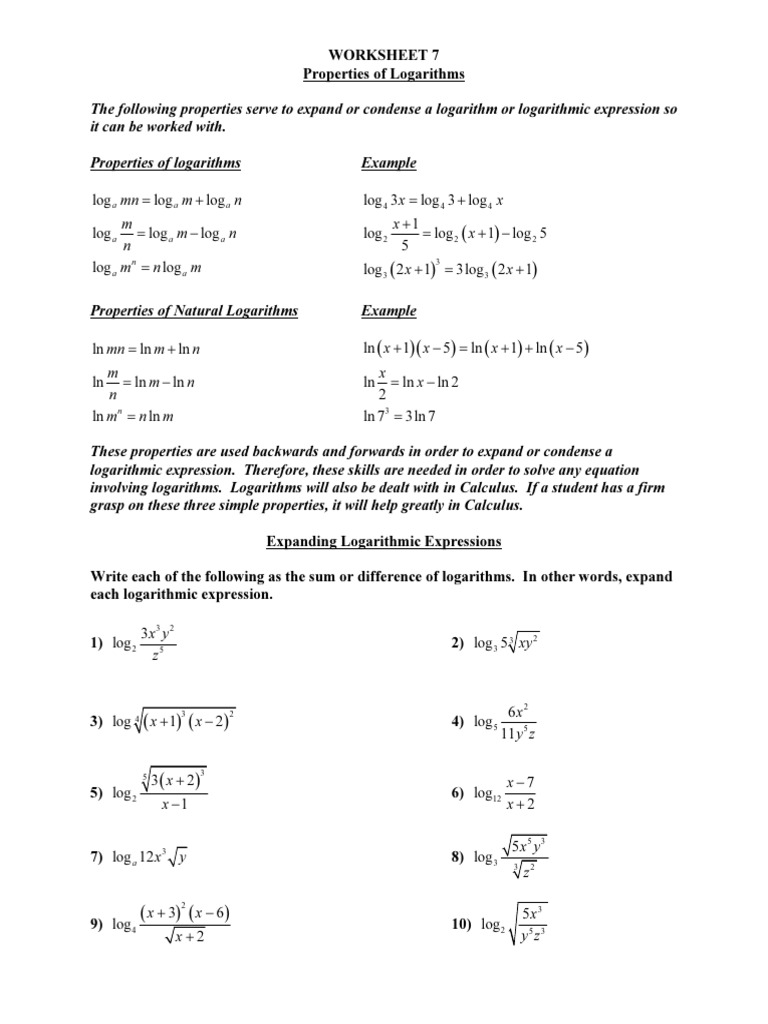 Unit 5 Worksheet 7 Properties of Logs | PDF | Logarithm | Mathematical ...