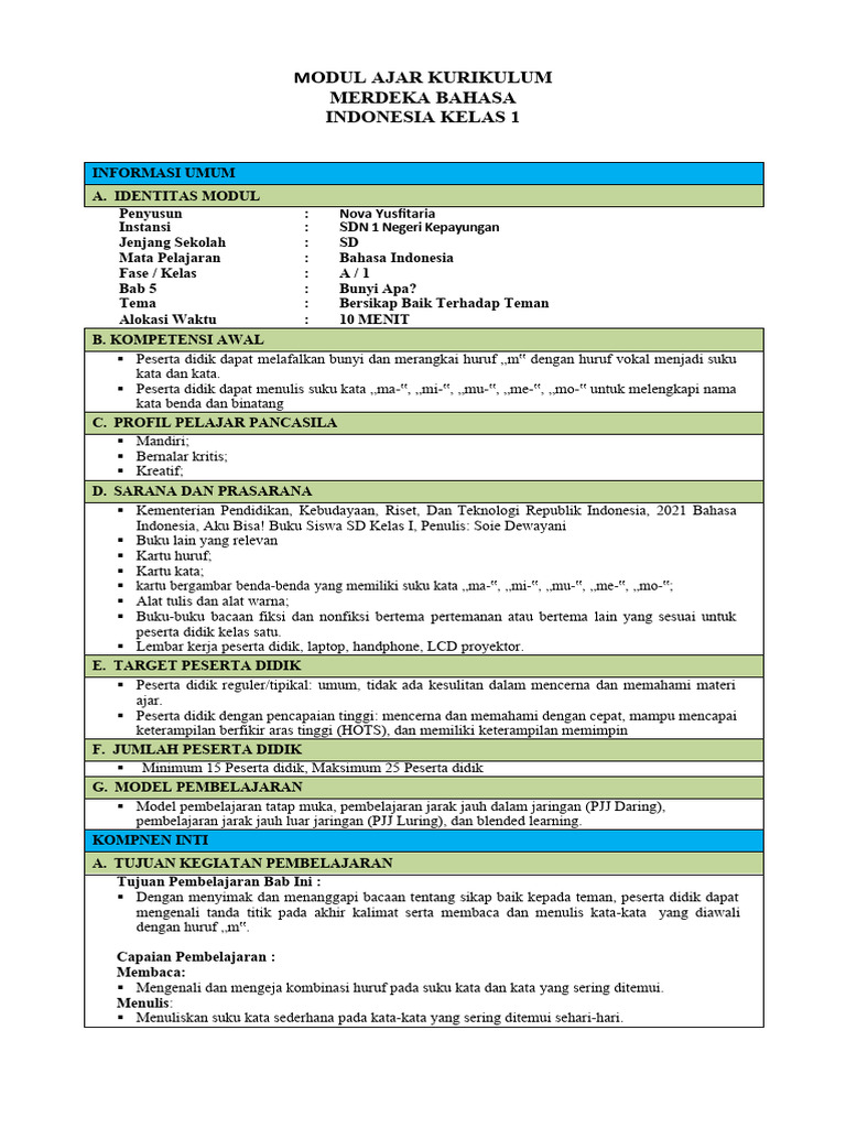 Modul Ajar Bahasa Indonesia Kelas 1 | PDF