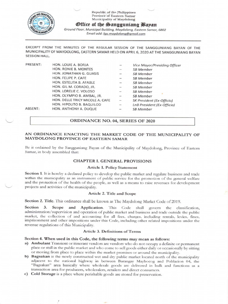 ORDINANCE No. 04.1 Enacting The Market Code | PDF