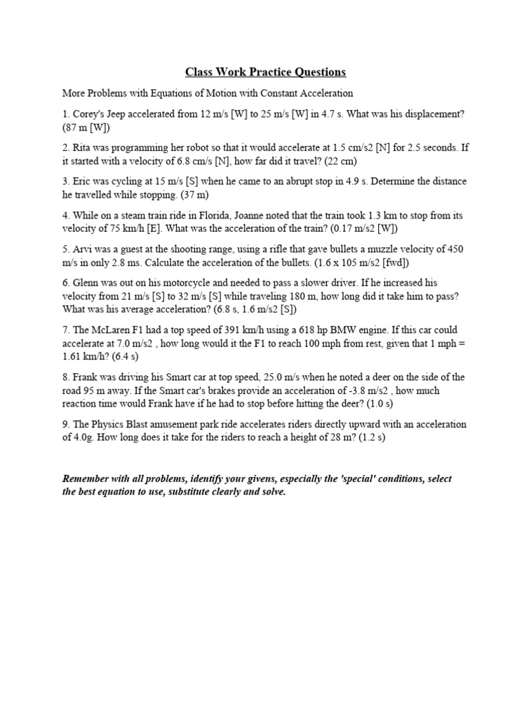 Class Work Practice PDF