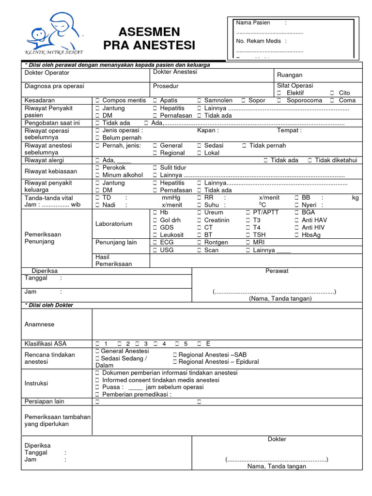 Form Asesmen Pra Anestesi | PDF