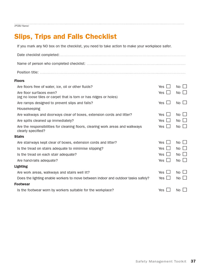 Slips, Trips, and Falls Safety Checklist | PDF | Stairs | Pedestrian ...