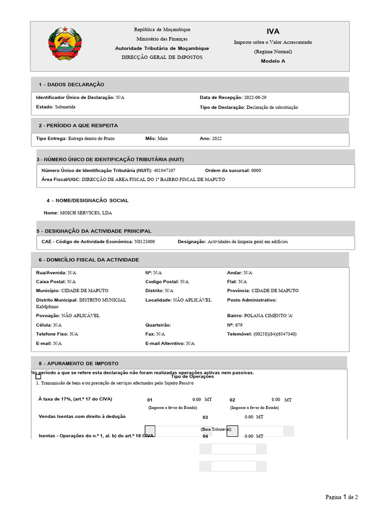 Declaração de IVA - Moich Services, LDA | PDF | Impostos | Imposto ...