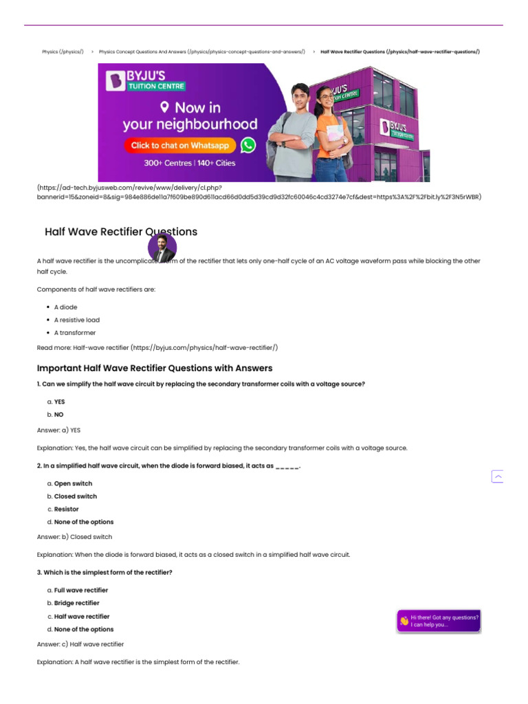 Half Wave Rectifier Questions Practice Questions With Answers