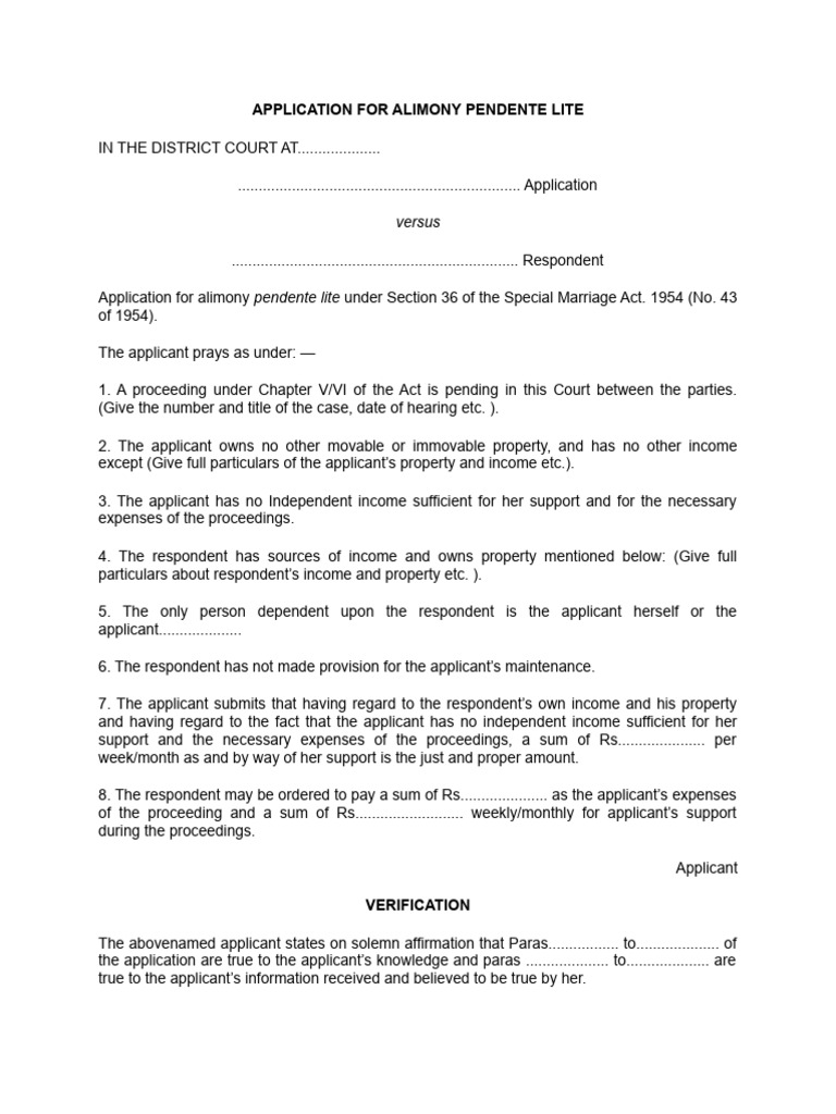 Alimony Pendente Lite Application | PDF | Alimony | Justice