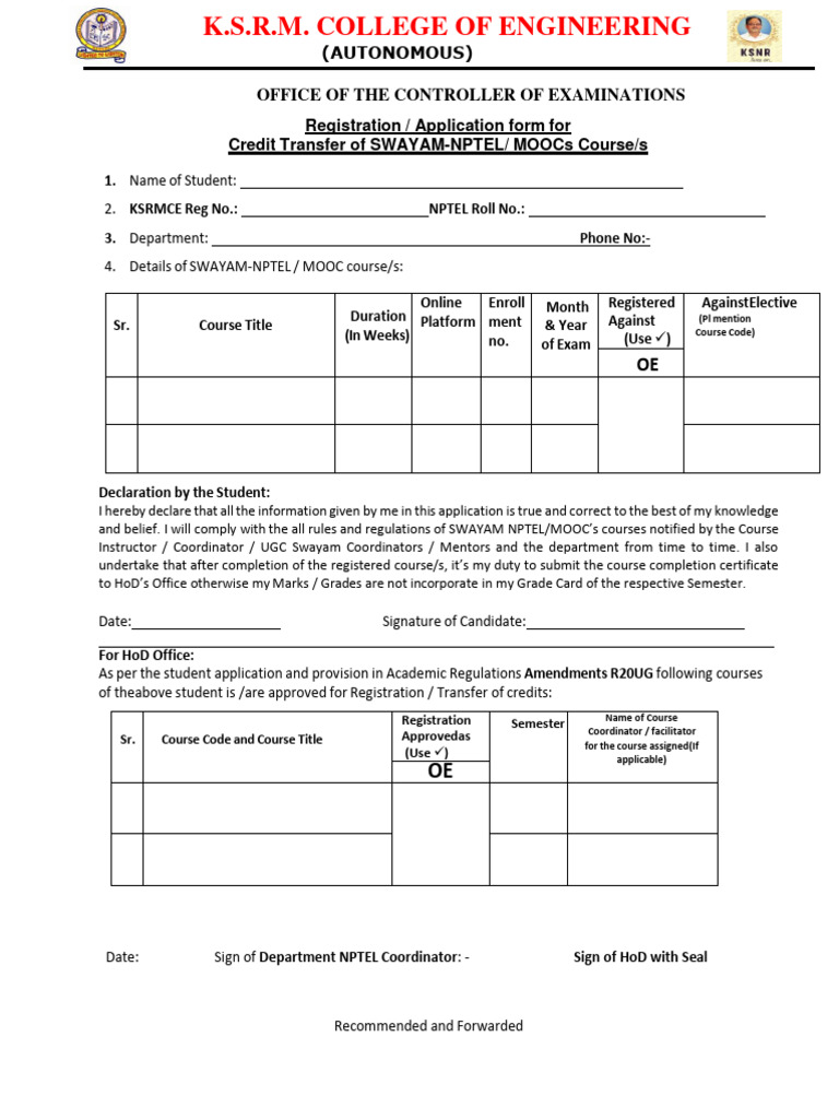 KSRMCE Registration Form NPTEL R20UG OE PDF Massive Open Online