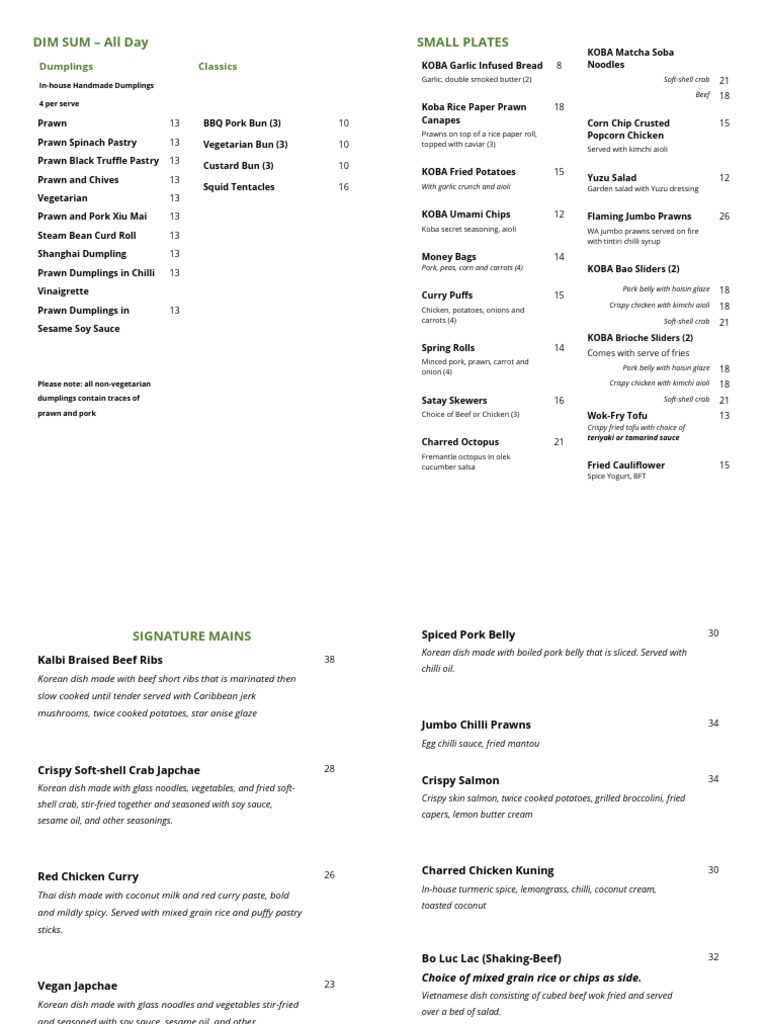 KOBA Food Menu August Online | PDF | Dumpling | Tofu
