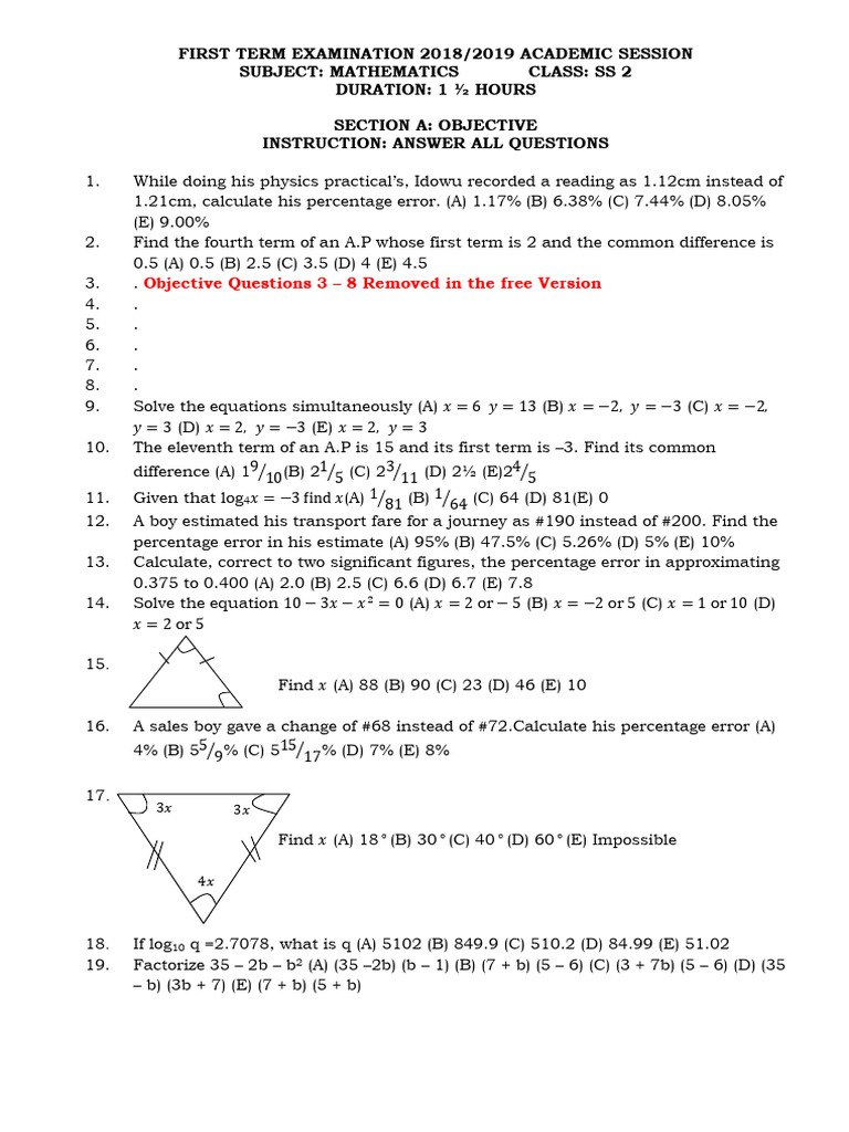 SS2 Mathematics Exam Questions 2018 | PDF | Mathematics | Science