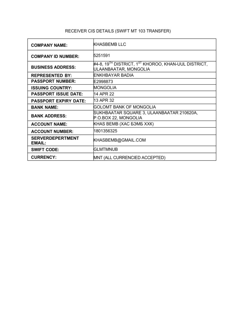 Receiver CIS Details for Golomt Bank | PDF | Finance & Money Management