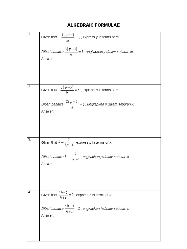 Algebraic Formulae for Variable Expressions | PDF