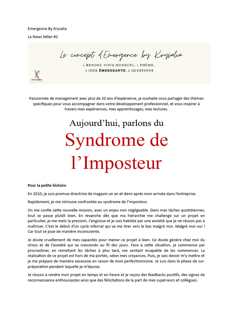 Comprendre et surmonter le syndrome de l'imposteur PDF Psychologie — free download