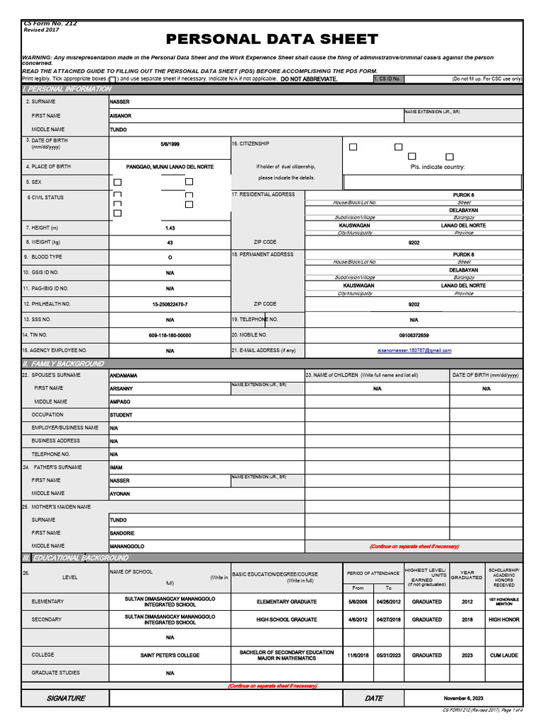 CS Form No. 212 Personal Data Sheet Revised PDF Government Justice