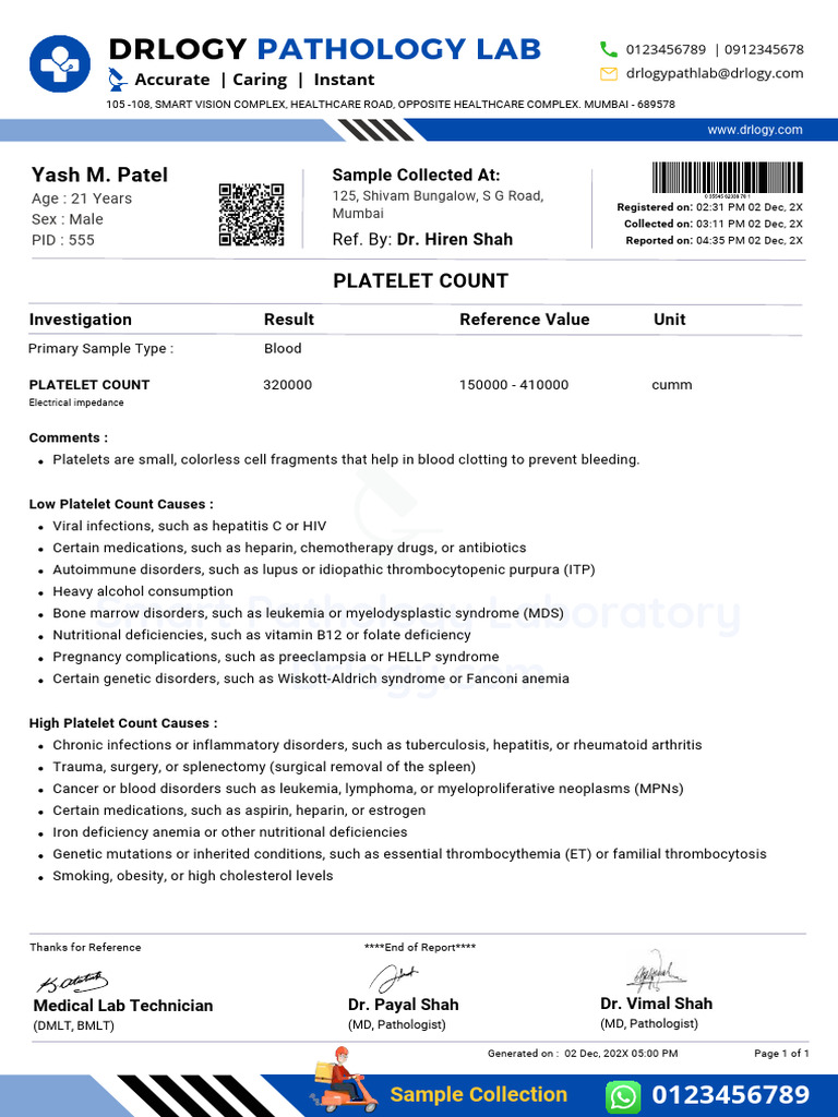 Platelet count test report format example sample template drlogy lab