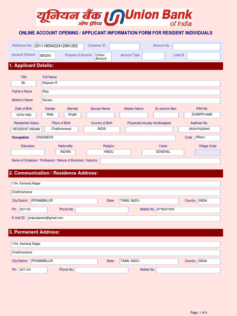 Union Bank Online Account Opening Form | PDF | Banks | Cheque