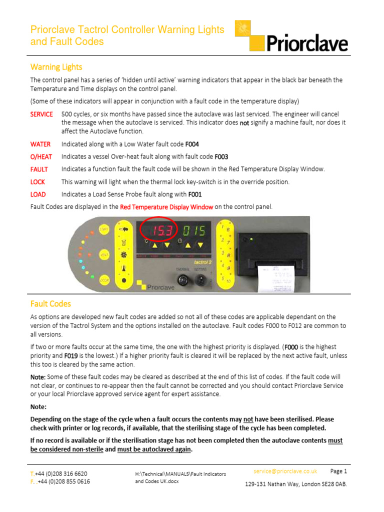 Priorclave Tactrol Controller Fault Codes | PDF | Sterilization ...
