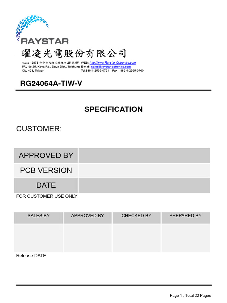 RG24064A-TIW-V LCD Module Specs | PDF | Printed Circuit Board | Liquid ...
