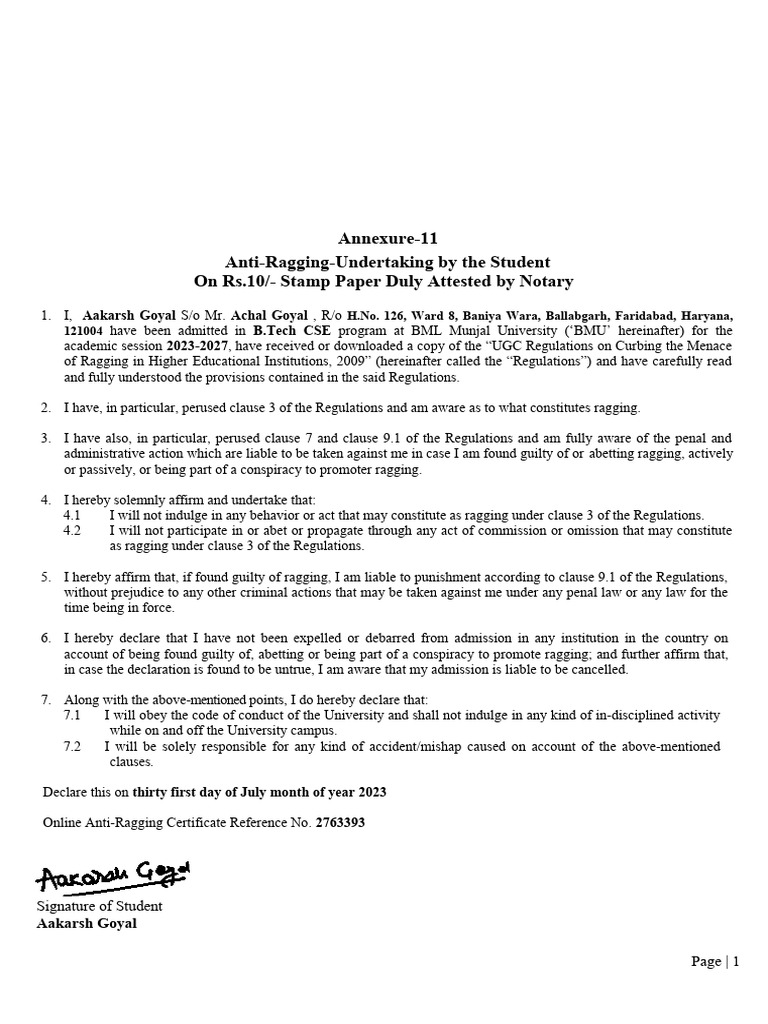 Anti-Ragging Undertaking for Students | PDF | Ethical Principles ...
